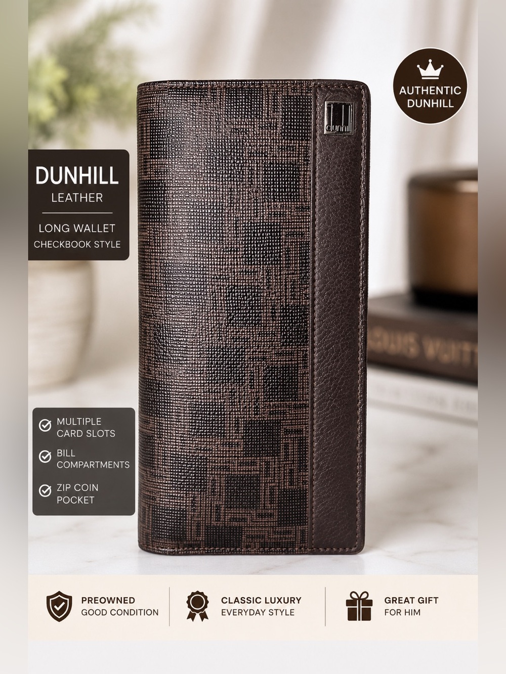 Dunhill Leather Long Wallet Brown Designer Checkbook Wallet